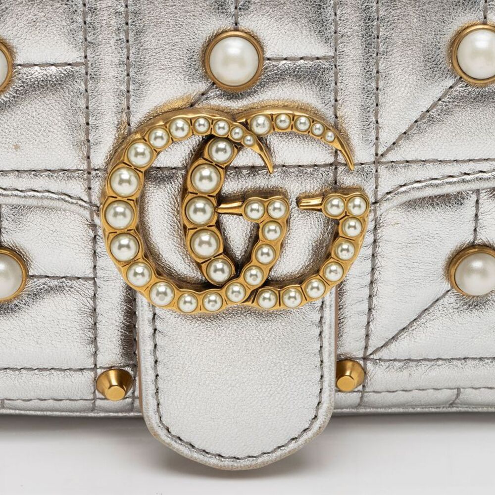 Gucci Metallic Matelasse Leather Pearl GG Marmont Mini Flap Bag - Picture 9 of 15